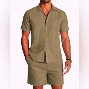 NWT COOFANDY Men's 2 Pieces Linen Short Sleeve Button & Shorts Set - Size: Large